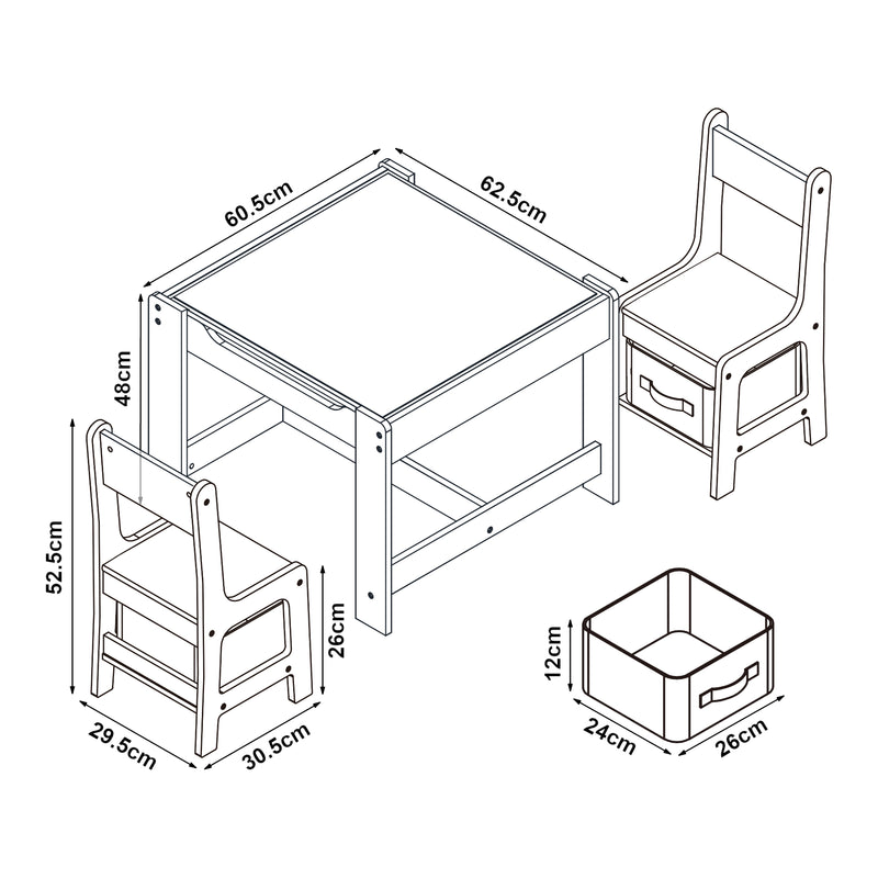 Esquema acotado Mesa infantil con 2 sillas Irixoa con cajas Natur [en.casa]