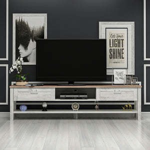 Mesa de televisión Hashøj con 2 compartimentos de almacenamiento en aspecto roble / blanco, antiguo [en.casa]