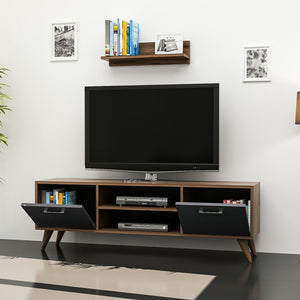 Mesa de televisión con estantería de pared Haderslev en aspecto nogal / antracita [en.casa]