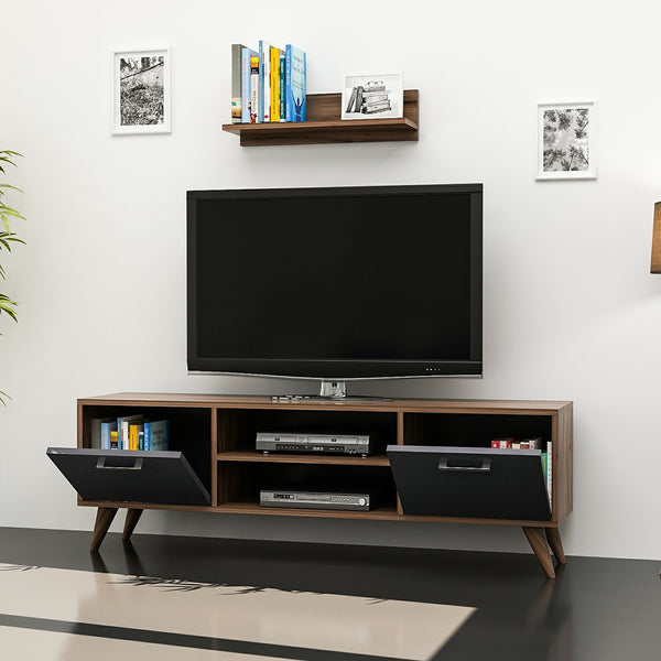 Mesa de televisión con estantería de pared Haderslev en aspecto nogal / antracita [en.casa]