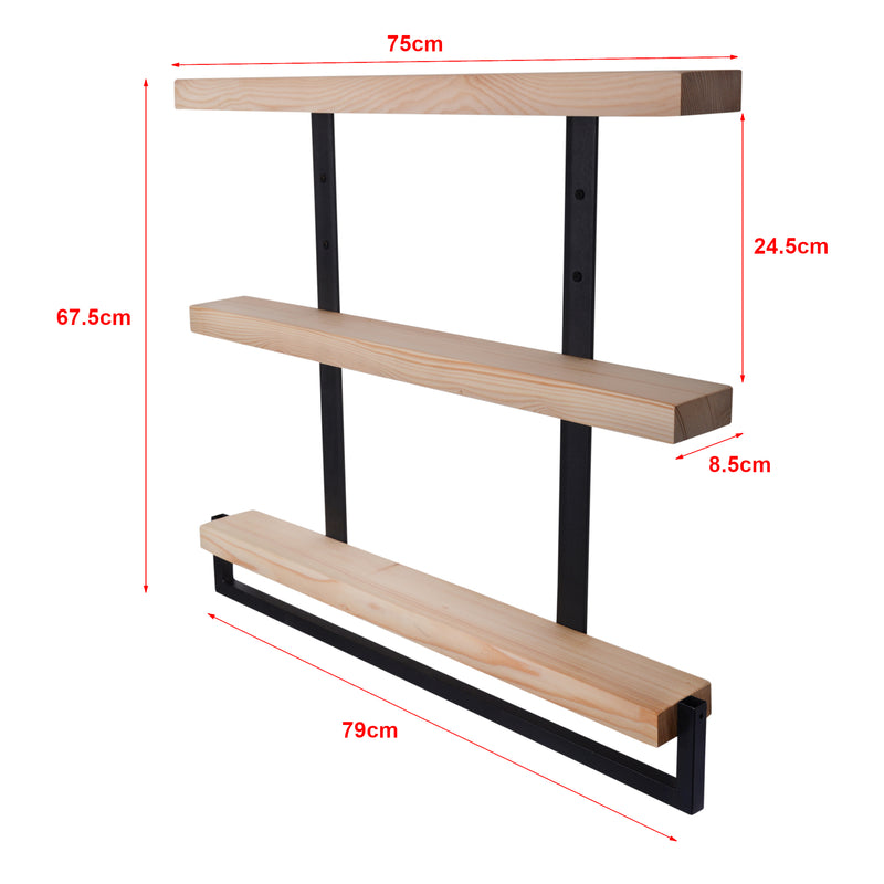 Esquema acotado Estantería de pared Nykøbing con 3 estantes Naturaleza/Negro [en.casa]