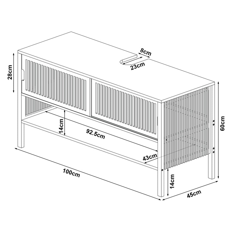 Esquema acotado Mueble para debajo del lavabo Hvaler con puertas corredoras y 1 estante bambú 60x100x45cm - Natural [en.casa]