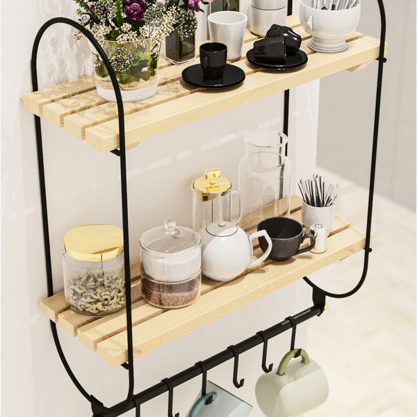 Estante de pared Pielavesi con 6 ganchos Negro/Natural [en.casa]