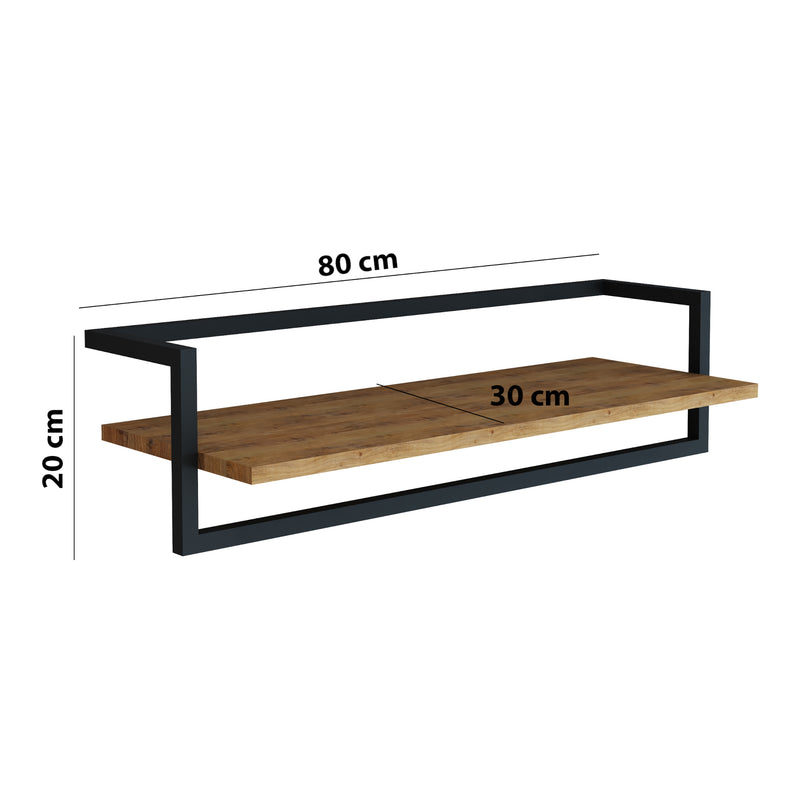 Esquema acotado Perchero mural Evje con estante acero 80x30x20cm - Efecto Madera/Negro [en.casa]