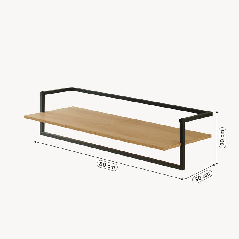 Esquema acotado Perchero mural Evje con estante acero 80x30x20cm - Efecto Madera/Negro [en.casa]
