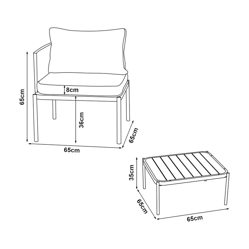 Esquema acotado Conjunto de muebles de jardín Accettura 3 piezas Aluminio Gris [casa.pro]