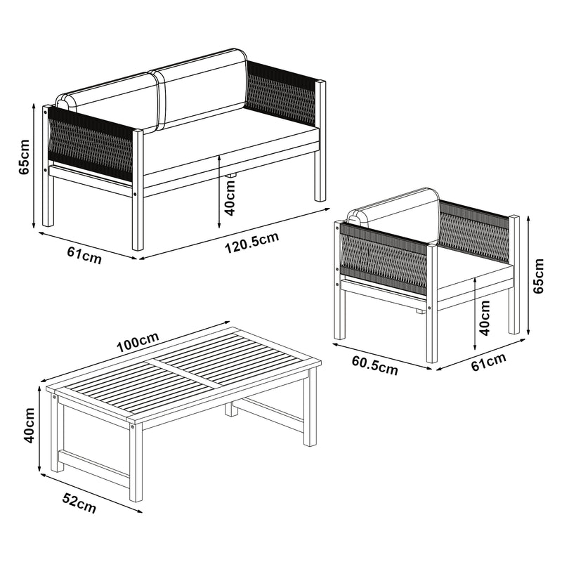 Esquema acotado Conjunto de muebles de jardín Cannole de 4 piezas. Madera de acacia color madera [casa.pro]