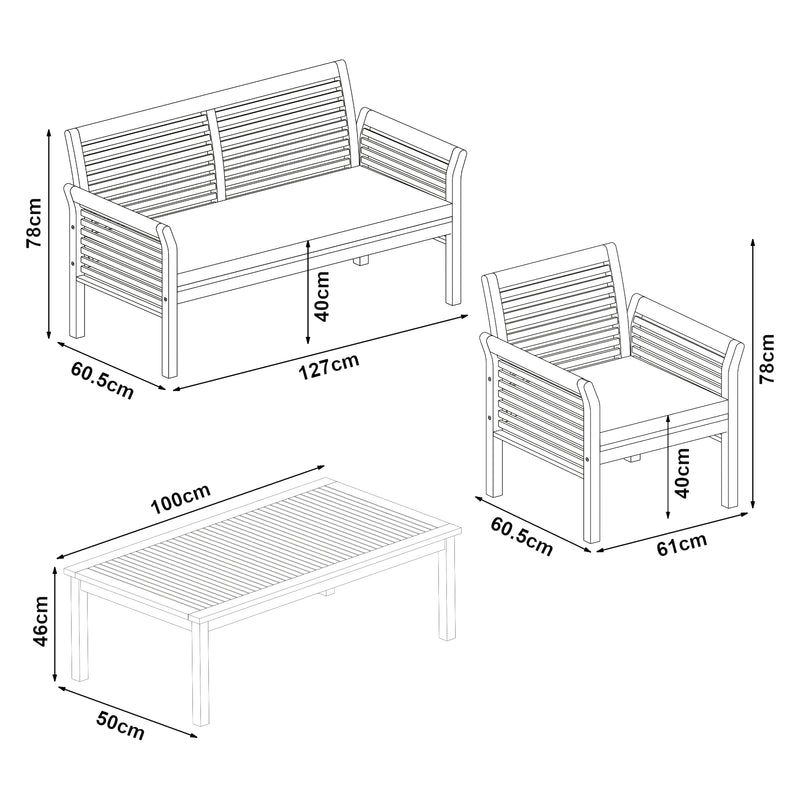 Esquema acotado Conjunto de muebles de jardín Candela 4 piezas Madera de acacia Color madera [casa.pro]