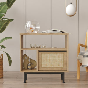 Mesa auxiliar Kvænangen 60x60x26 cm aspecto roble/rattan [en.casa]