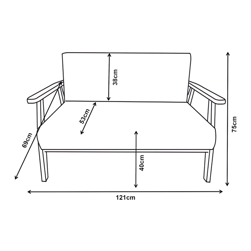 Esquema acotado Sofá tapizado de 2 plazas Kinda 121x69x75 cm Gris [en.casa]