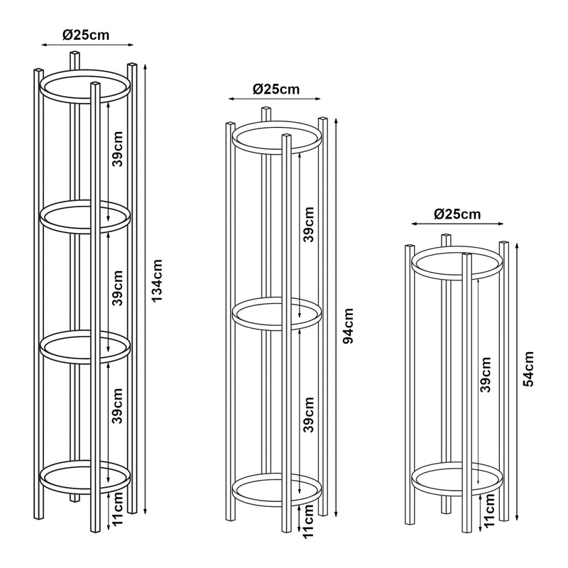 Esquema acotado Soporte para plantas Tuusula juego de 3 piezas metal negro [en.casa]