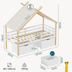 Cama infantil Surnadal en forma de casita 90x200 cm pino - Blanco/Natural [en.casa]