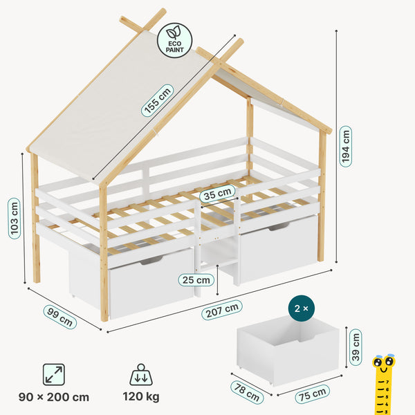 Cama infantil Surnadal en forma de casita 90x200 cm pino - Blanco/Natural [en.casa]