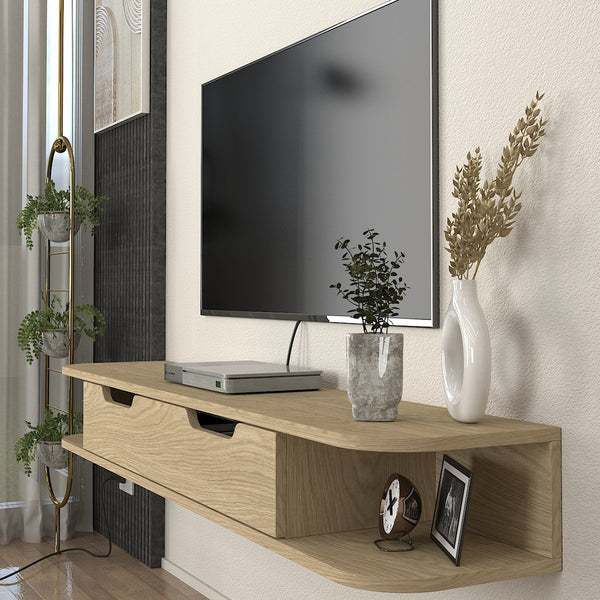 Mueble bajo de TV colgante Karjali 150x30x19 cm aspecto roble [en.casa]