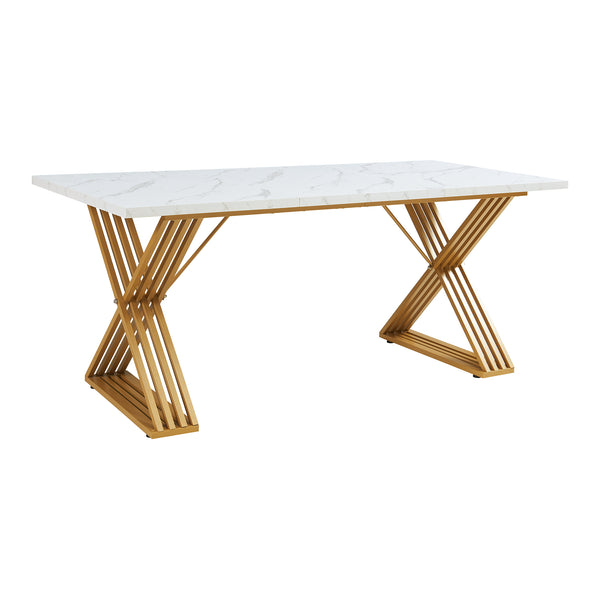Mesa de comedor Hujaari para 6 personas efecto mármol, blanco / dorado [en.casa]