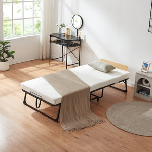 Cama plegable de metal Lustendi con colchón 200x90cm Negro/efecto roble [en.casa]