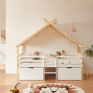 Cama casita Surnadal con colchón 90x200 cm Madera de pino Blanco/Natural [en.casa]