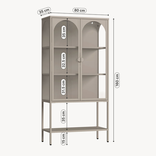 Vitrina Klippestad con 2 puertas arqueadas acero 160x80x35cm Gris cálido [en.casa]