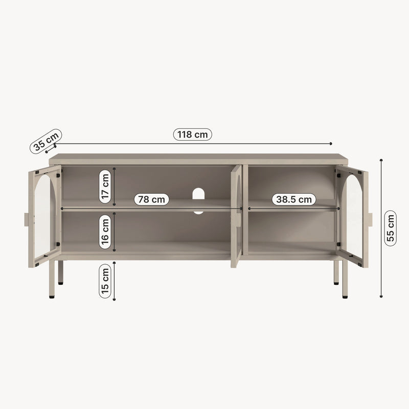 Esquema acotado Vitrina Klippestad con 3 puertas arqueadas acero 118x35x55cm Gris cálido [en.casa]