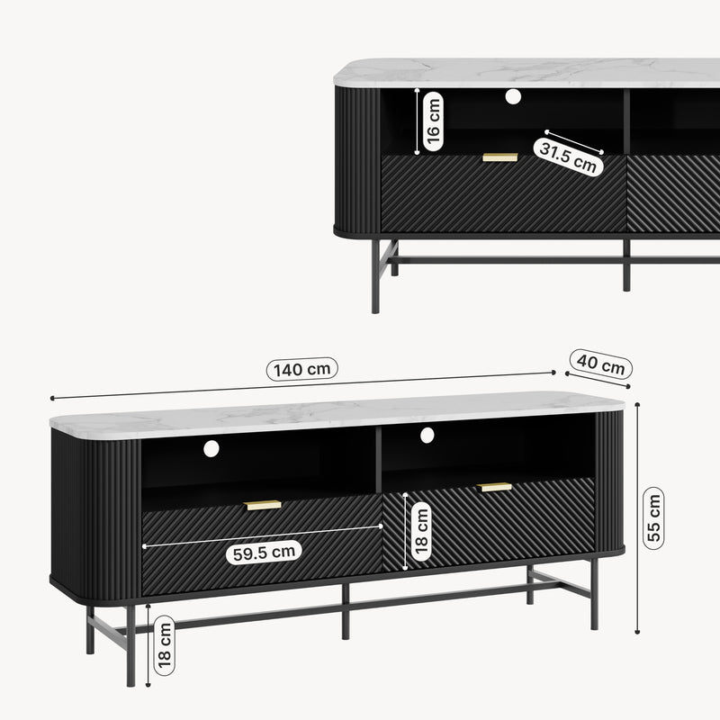 Esquema acotado Mueble de TV Olvehok 2 cajones 140x40x55cm - Negro [en.casa]