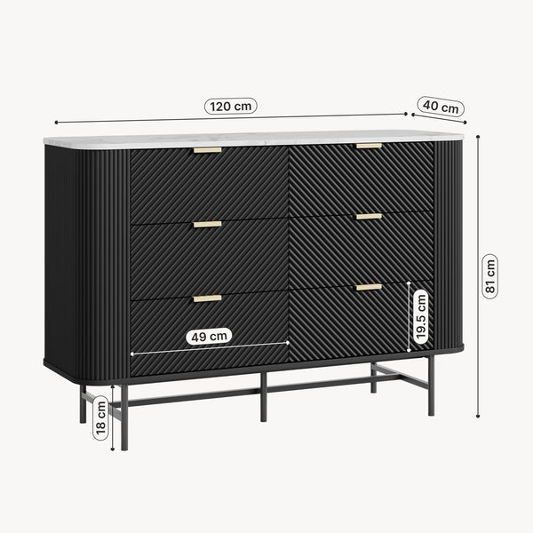 Cómoda Olvehok 120x40x81 cm Negro/efecto mármol, blanco [en.casa]