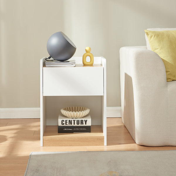 Mesita de noche Kuorshare 55x42x37 cm Blanco/Aspecto roble [en.casa]