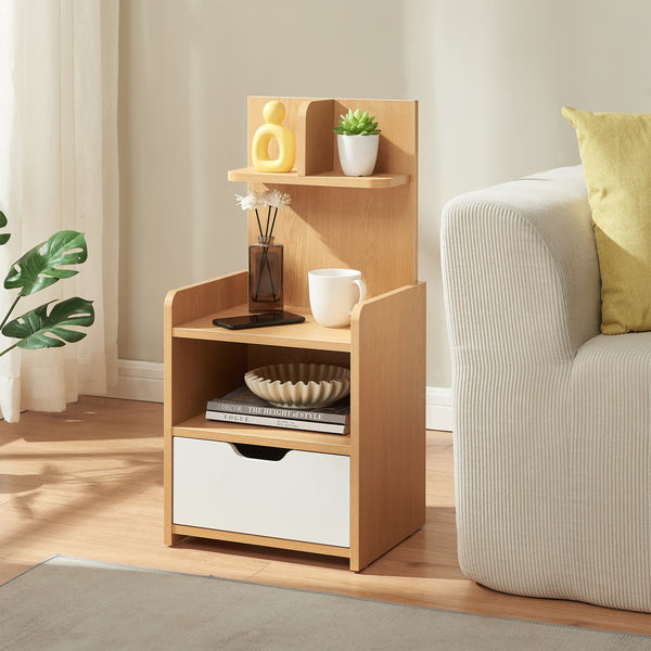 Mesita de noche Bordkak con estante 75x35x30 cm efecto roble/blanco [en.casa]