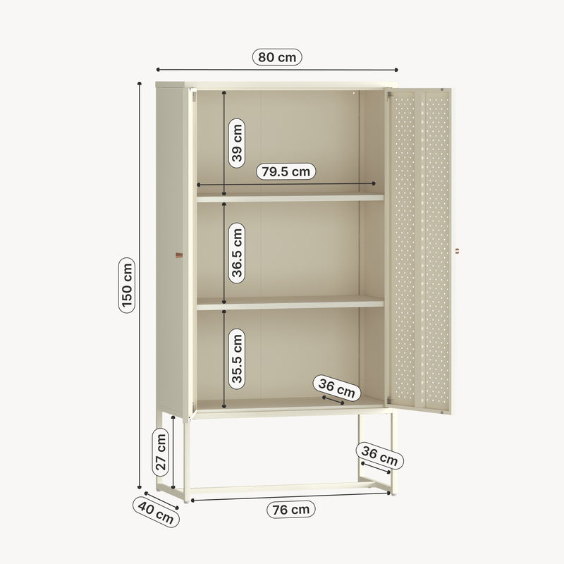 Esquema acotado Armario multiusos Viitasaari con 2 puertas acero 150x80x40cm - Blanco crema [en.casa]