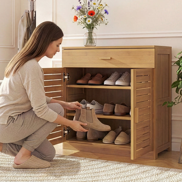 Zapatero Aarela 2 puertas + cajón bambú 67x66x34cm Natural [en.casa]