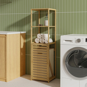 Badregal mit Wäschesammler Anun 130x36x33 cm Bambus Holzfarben [en.casa]