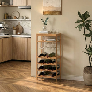 Estantería de vino Fillby con portavasos bambú 100x47x29cm - Natural [en.casa]