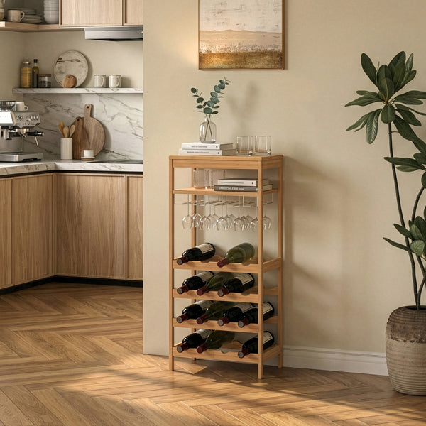 Estantería de vino Fillby con portavasos bambú 100x47x29cm - Natural [en.casa]