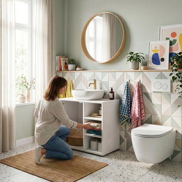 Mueble bajo lavabo Kulaik 1 puerta 3 estantes 51x60x32cm - Blanco [en.casa]
