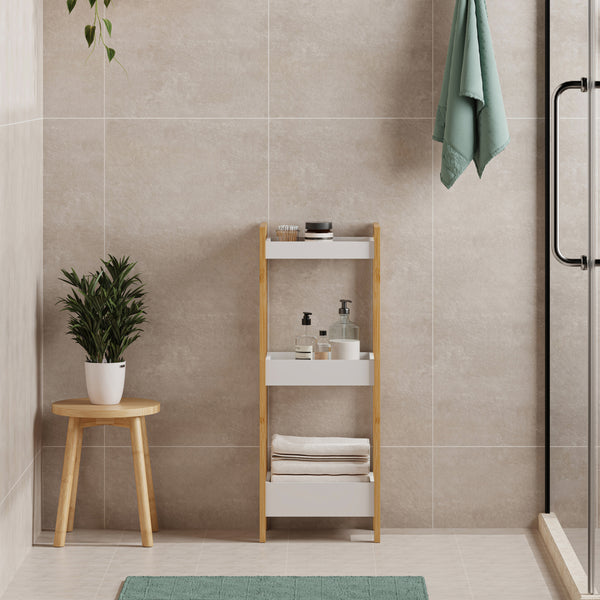 Estantería de baño Anun 3 cestas bambú 75x28x20cm - Natural / Blanco [en.casa]