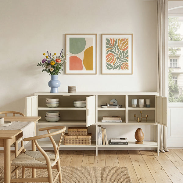 Aparador Kliri con 6 compartimentos acero 160x40x80cm - Blanco crema [en.casa]