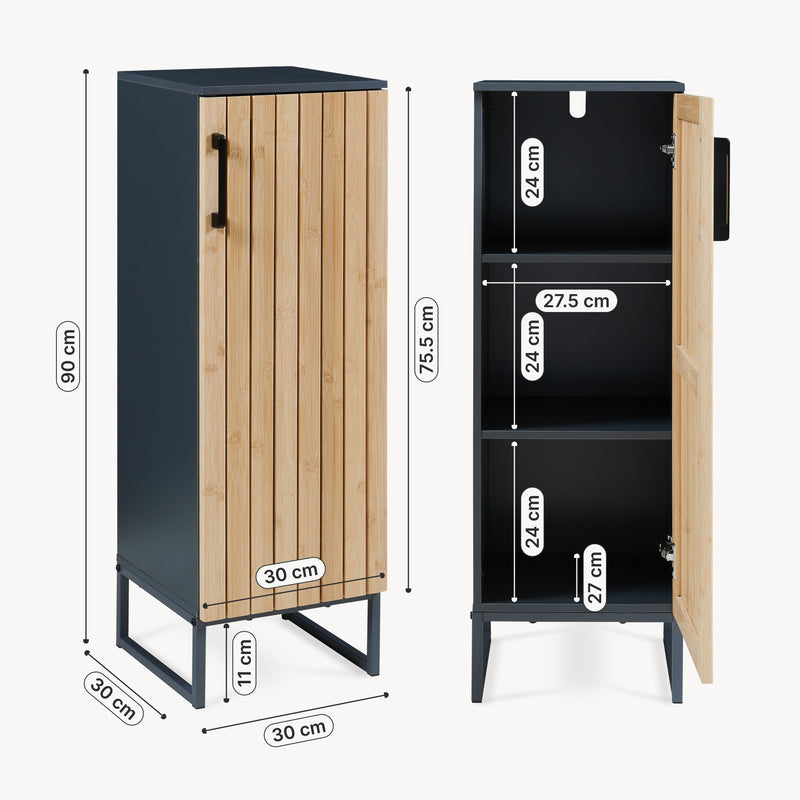Esquema acotado Mueble de baño auxiliar Svanes puerta 90x30x30cm - Gris oscuro/Bambú [en.casa]