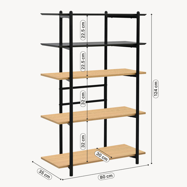 Estantería Kappespoo 124x80x35 cm Negro/Aspecto roble [en.casa]