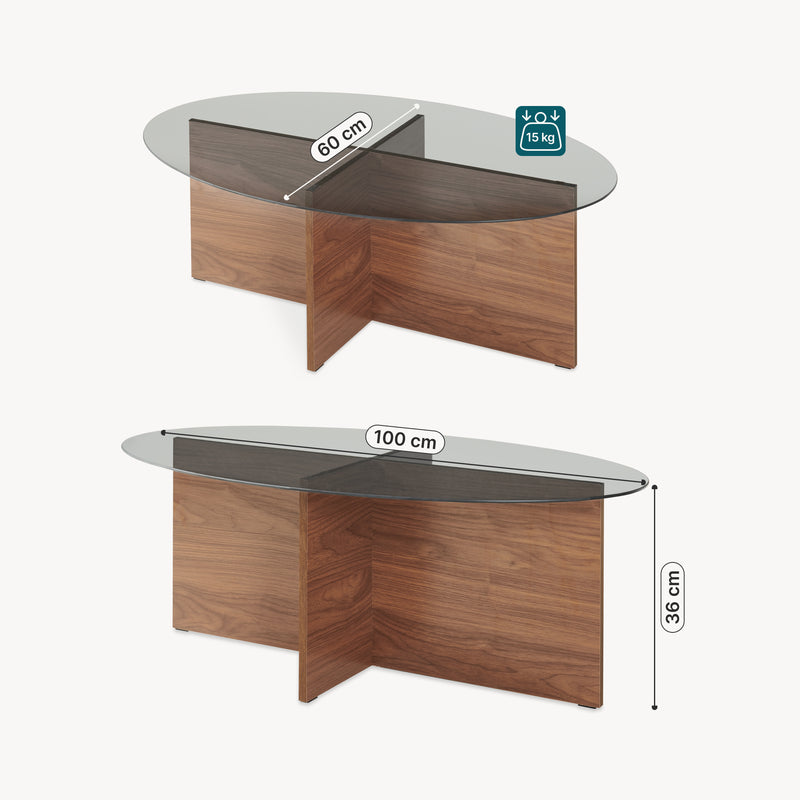 Esquema acotado Mesa de Centro Viroya ovalada cristal templado 100x60x36 cm - Nogal/Gris [en.casa]