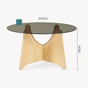 Mesa de centro 'Omlar' con tablero de vidrio redondo Ø70 x 35 cm aspecto roble / gris ahumado