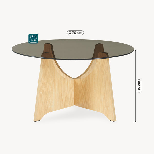 Mesa de centro 'Omlar' con tablero de vidrio redondo Ø70 x 35 cm aspecto roble / gris ahumado