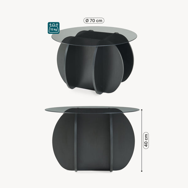 Mesa de centro Karhuvandi con tablero de vidrio Ø70x40 cm Negro/Gris [en.casa]