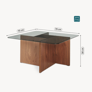 Mesa de centro Benexjö con tablero de vidrio 70x70x36 cm aspecto nogal/Gris [en.casa]
