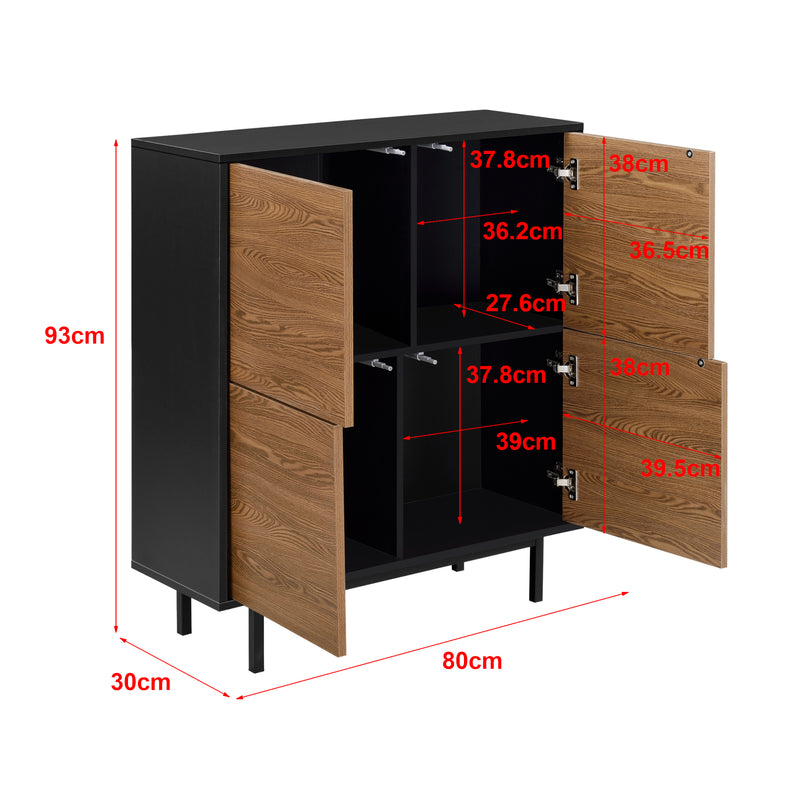 Esquema acotado Cómoda Gnosjö 4 puertas de armario tecnología Push-Open 93 x 80 x 30 cm aglomerado negro/efecto madera, tono oscuro [en.casa]