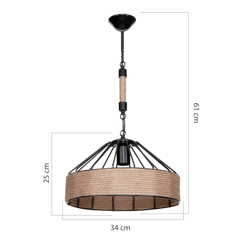 Esquema acotado Lámpara colgante Bridgford E27 Metal Cuerda de yute Negro/Color yute [lux.pro]