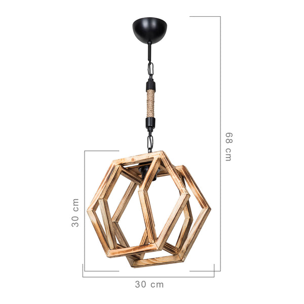 Lámpara colgante Cheltenham E27 Metal Madera maciza Cuerda de yute Negro / Aspecto madera / Color yute [lux.pro]