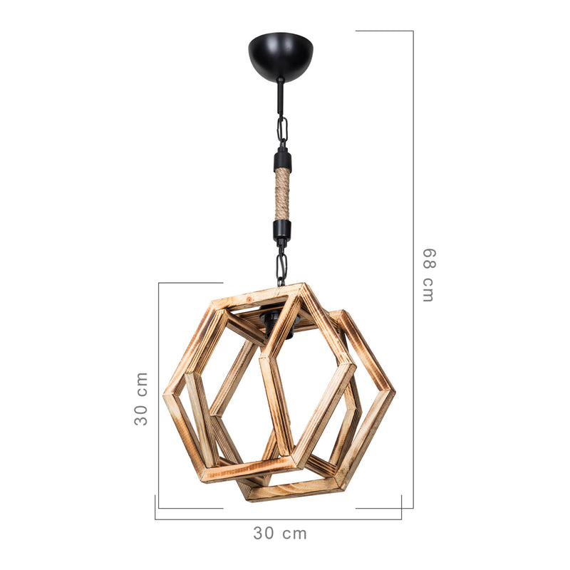 Esquema acotado Lámpara colgante Cheltenham E27 Metal Madera maciza Cuerda de yute Negro / Aspecto madera / Color yute [lux.pro]
