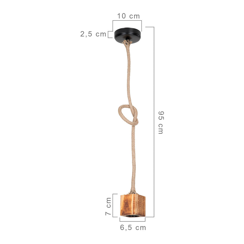 Esquema acotado Lámpara colgante Corby E27 Metal Madera maciza Cuerda de yute Negro / Aspecto madera / Color yute [lux.pro]