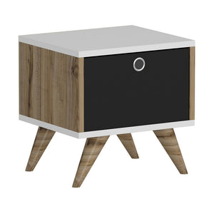 Mesita de noche Hinnerup con puerta abatible 41x40x35 cm Blanco / aspecto roble / Negro [en.casa]