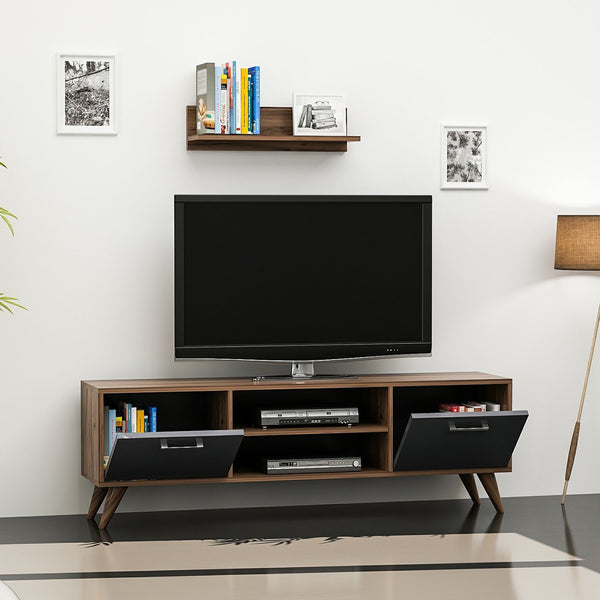 Mesa de televisión con estantería de pared Haderslev en aspecto nogal / antracita [en.casa]