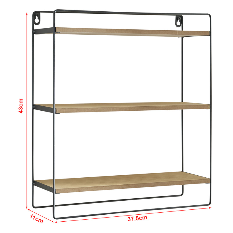 Esquema acotado Estantería de pared Skovbo con 3 superficies de almacenamiento Negro/Color madera [en.casa]